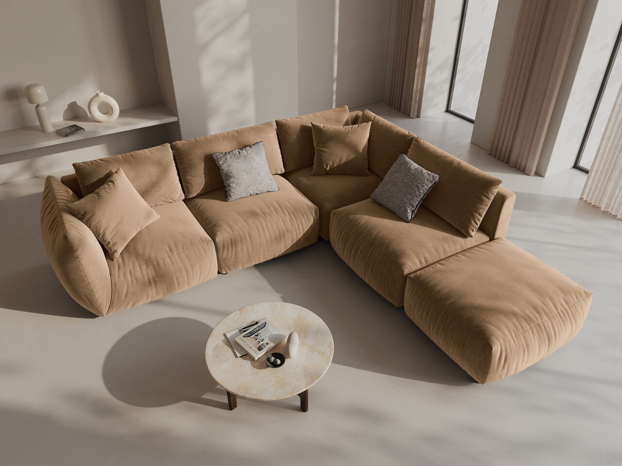 Coltar modular dreapta 4 locuri, Chris-184, Micadoni Home, 295x290x80 cm, catifea, bej sand Colțare